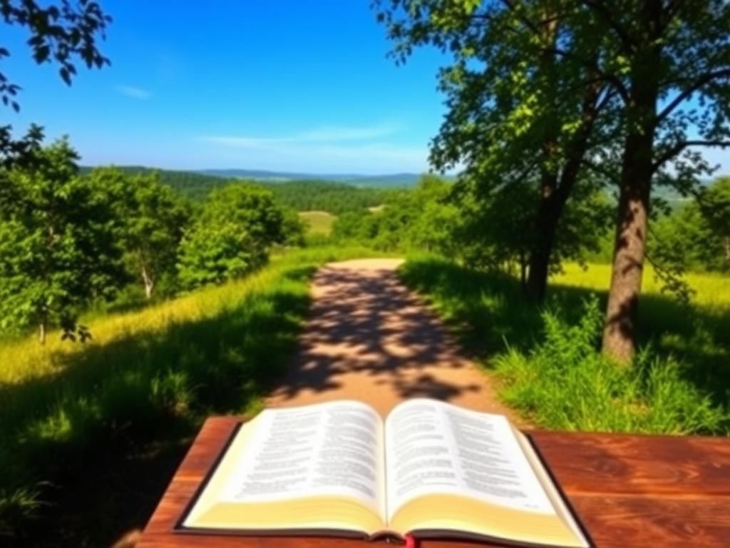 Flick International Serene landscape with a winding path through a lush green forest symbolizing the journey of faith