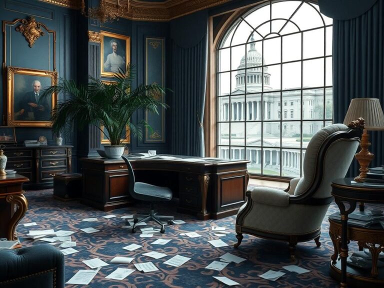 Flick International A lavish, upscale office space with abandoned paperwork and a grand view of the Capitol, highlighting neglect and a toxic environment.