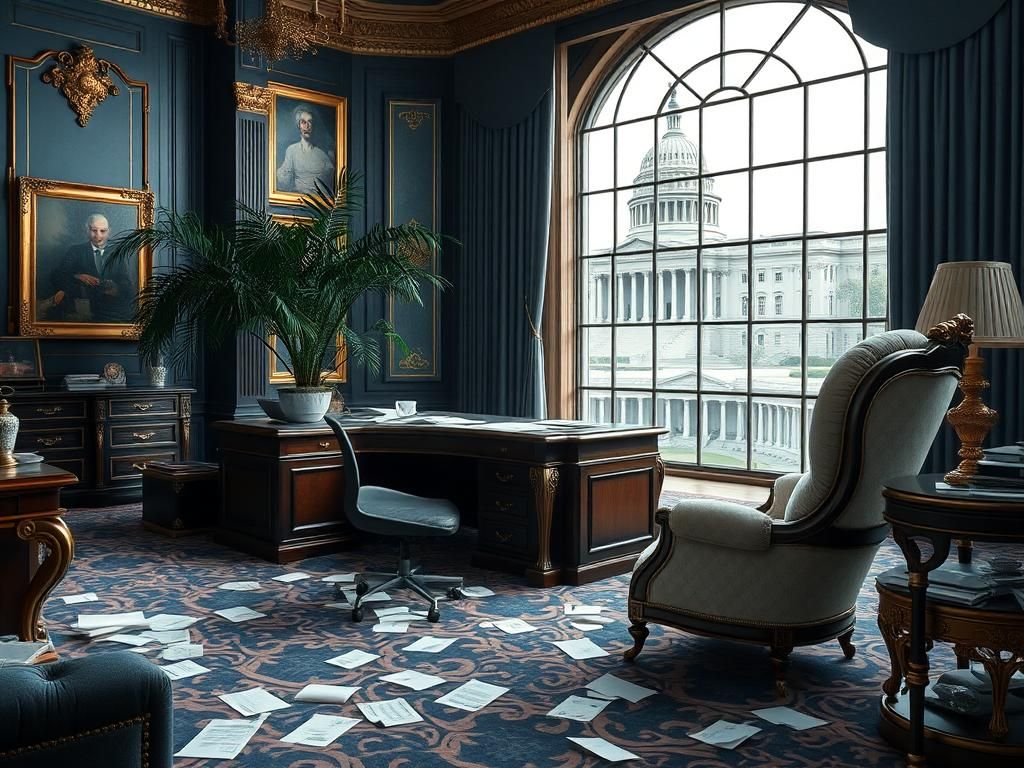 Flick International A lavish, upscale office space with abandoned paperwork and a grand view of the Capitol, highlighting neglect and a toxic environment.