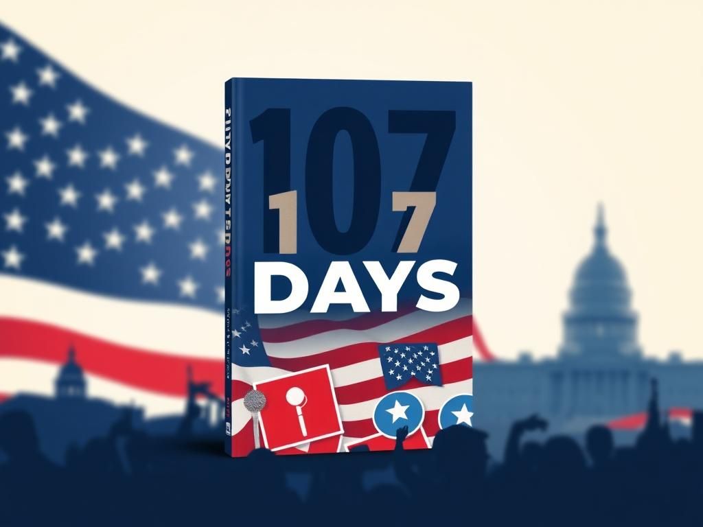 Flick International Visually striking book cover of Kamala Harris's memoir '107 Days' with bold typography and political imagery.