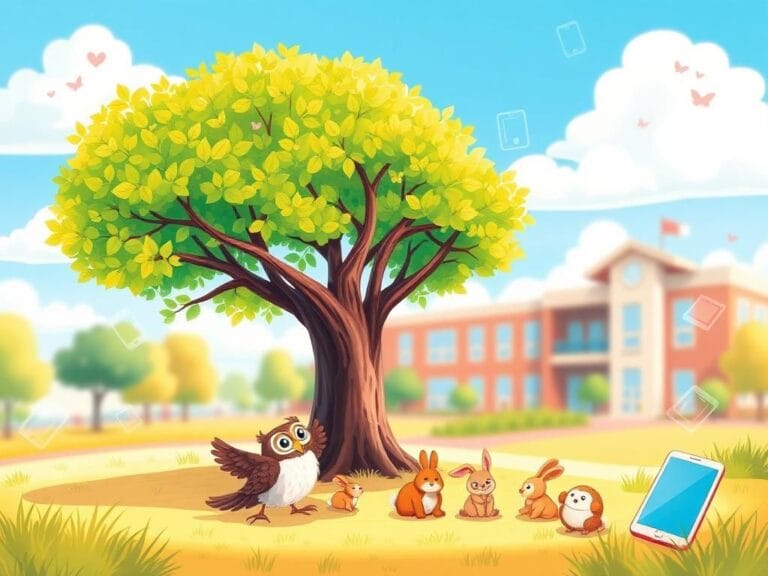 Flick International Children's book cover featuring a vibrant playground scene with animals and a large tree symbolizing strength