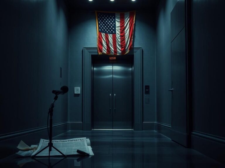 Flick International A dark, moody hallway with a modern elevator hinting at political evasion