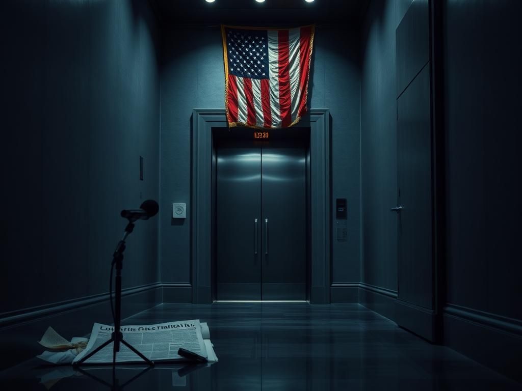 Flick International A dark, moody hallway with a modern elevator hinting at political evasion