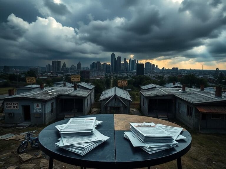 Flick International Aerial view of dilapidated migrant shelters in disrepair amid a shadowy Boston skyline