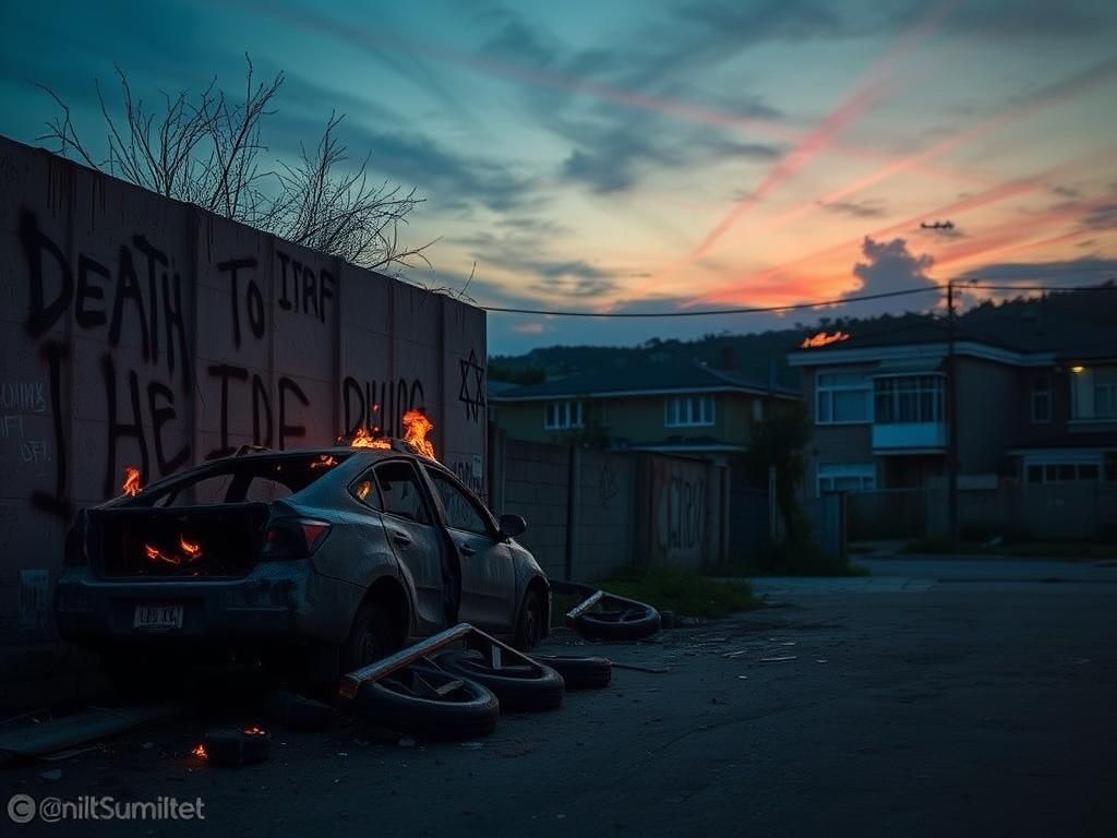 Flick International A somber urban scene depicting a charred vehicle amidst graffiti with threatening phrases related to antisemitism