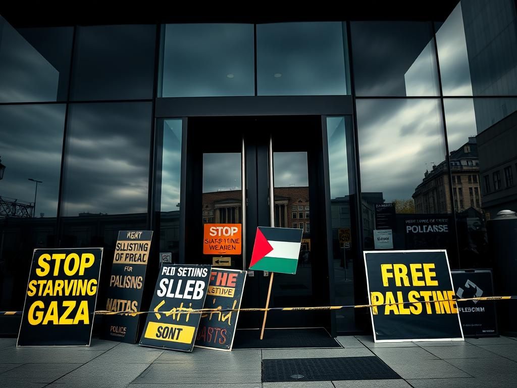 Flick International Protest signs leaning against a modern office building entrance during a tense demonstration
