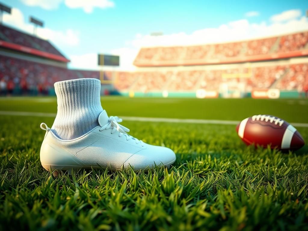 Flick International A pair of sleek white cleats and socks on a grassy football field under bright skies