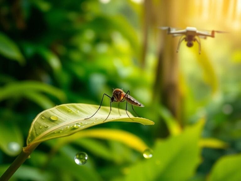 Flick International Close-up of a mosquito resting on a green leaf in a tropical rainforest