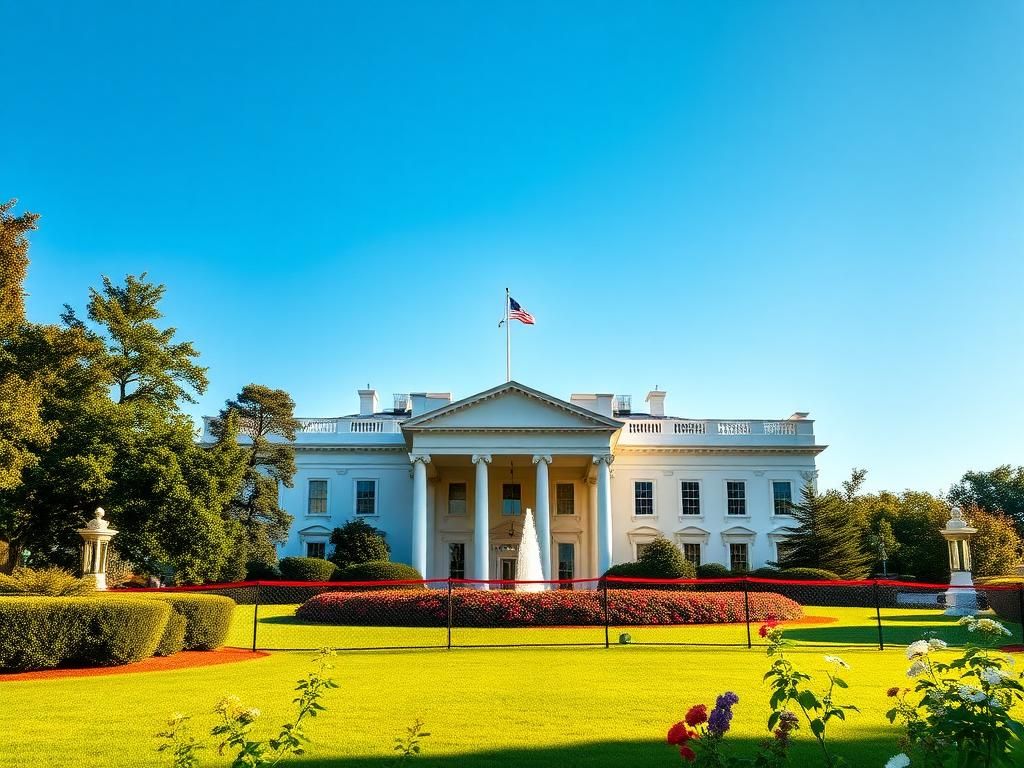 Flick International Serene view of the White House showing classical architecture and manicured gardens