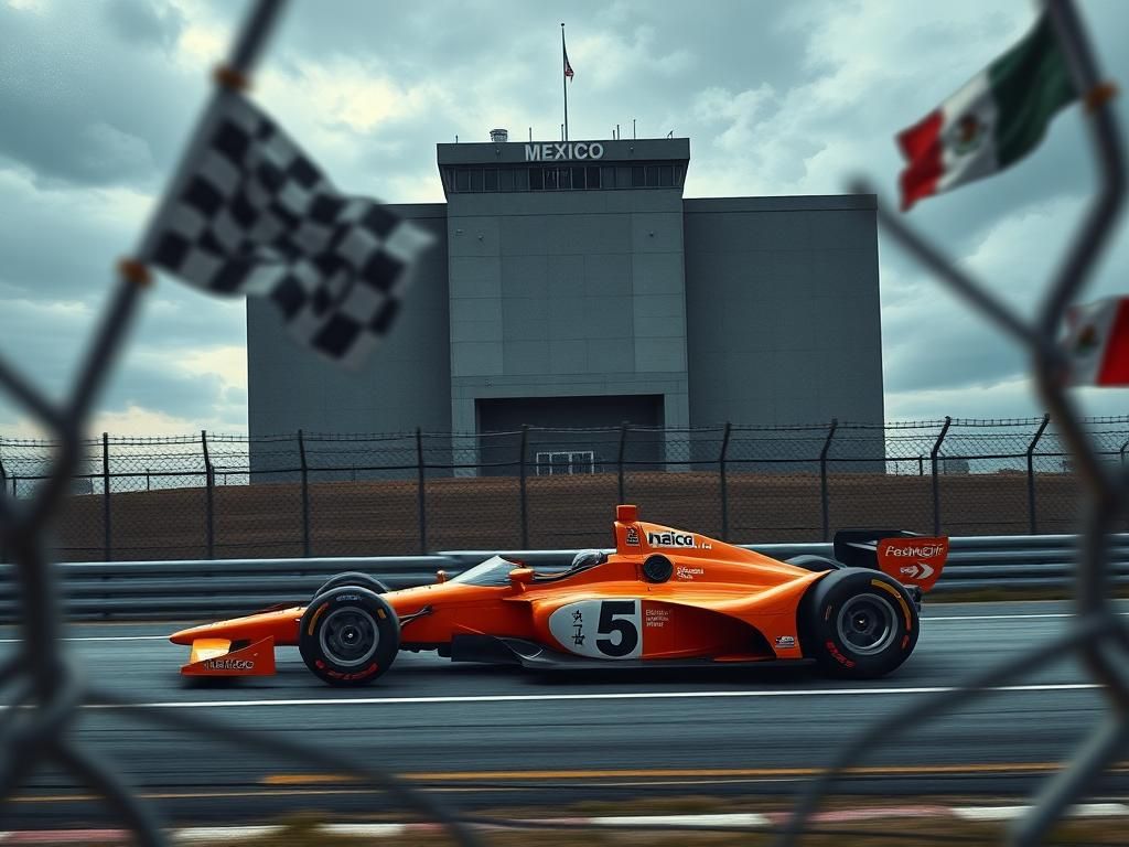 Flick International A vibrant IndyCar number 5 racing on a track with a jailhouse in the background, symbolizing the clash of sports and immigration issues