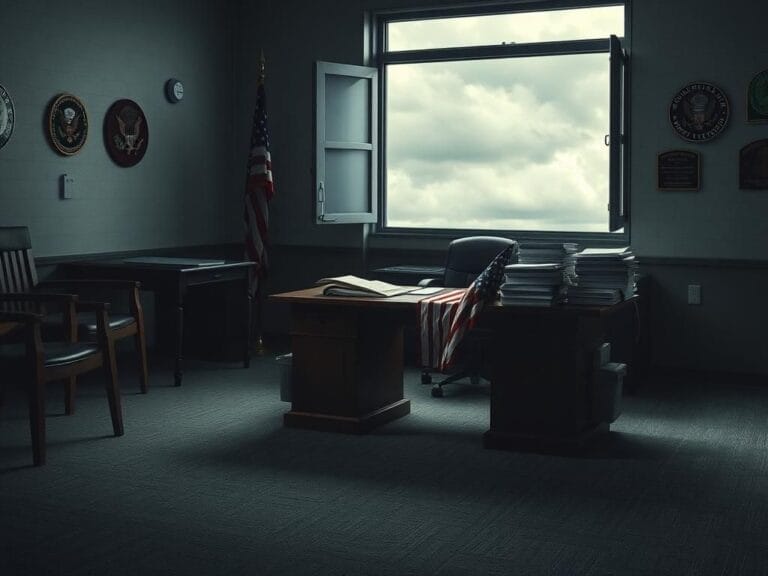 Flick International Empty military office setting with stacks of paperwork and a U.S. flag