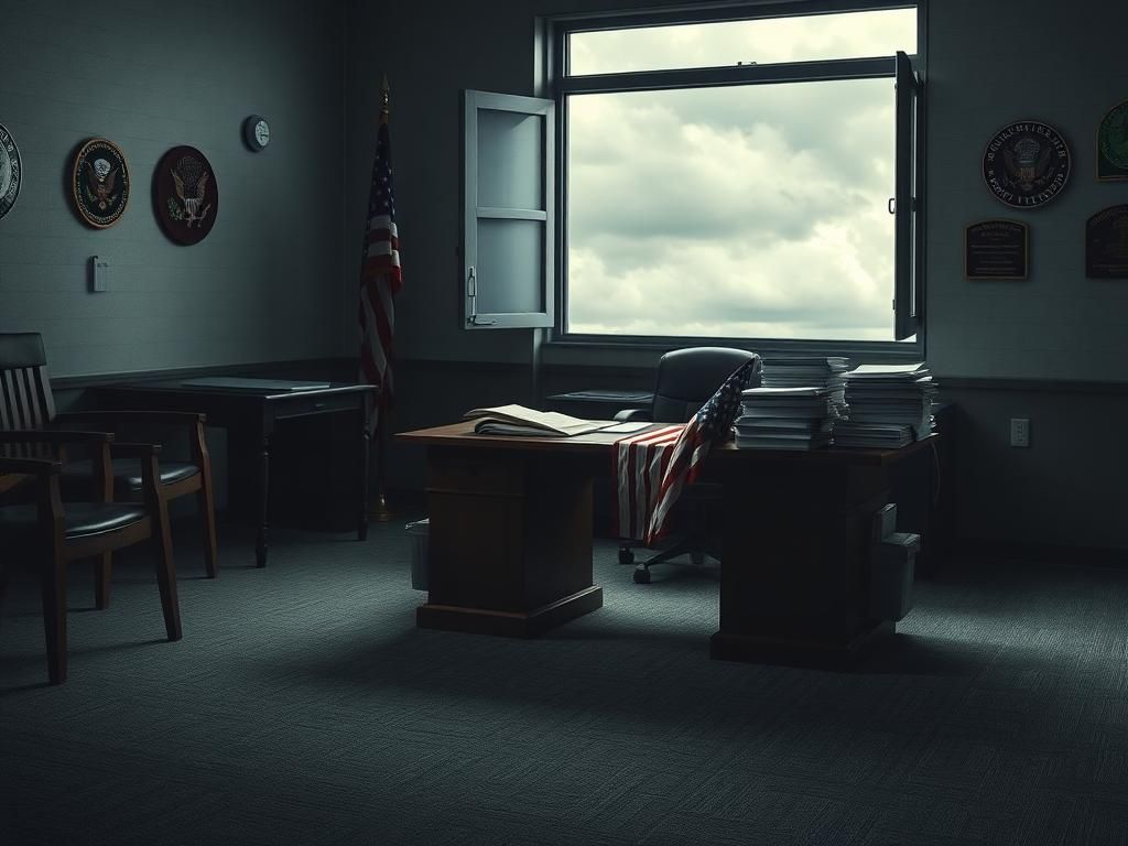 Flick International Empty military office setting with stacks of paperwork and a U.S. flag