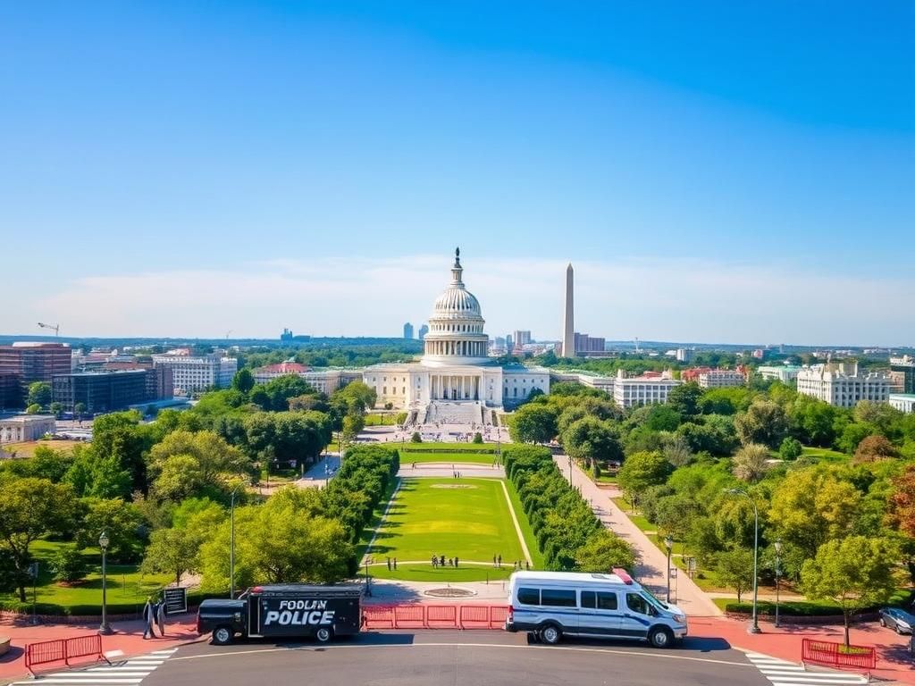Flick International Aerial view of Washington, D.C. showcasing the Capitol Building and Washington Monument with federal law enforcement presence
