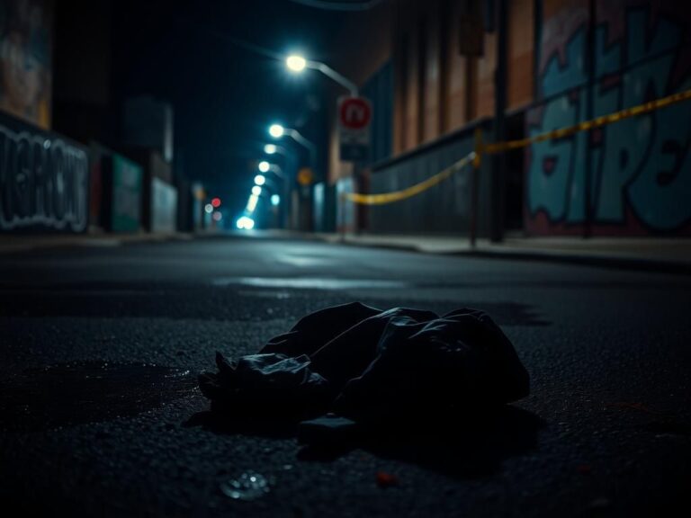 Flick International A dimly lit urban street corner at night with an abandoned black jacket symbolizing loss