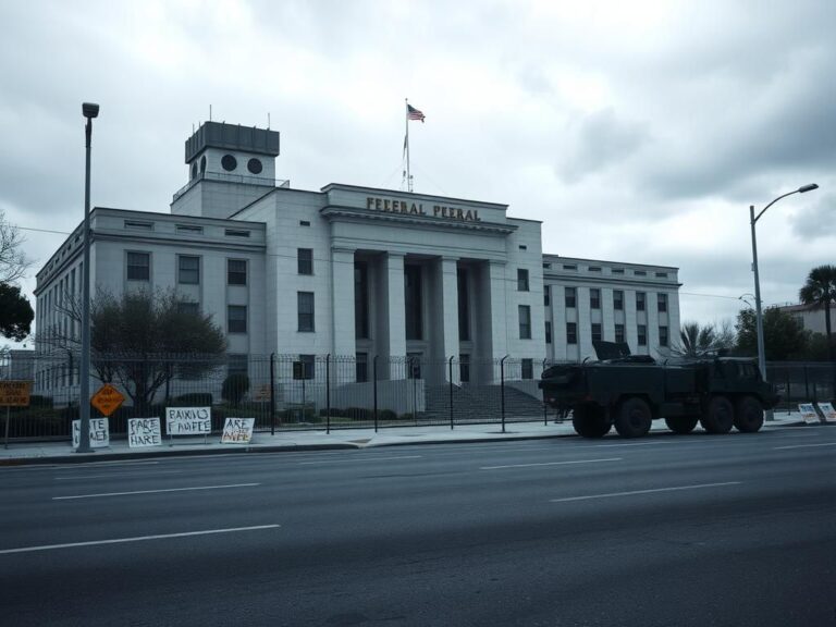 Flick International Exterior of a federal building in Los Angeles under a cloudy sky with security features