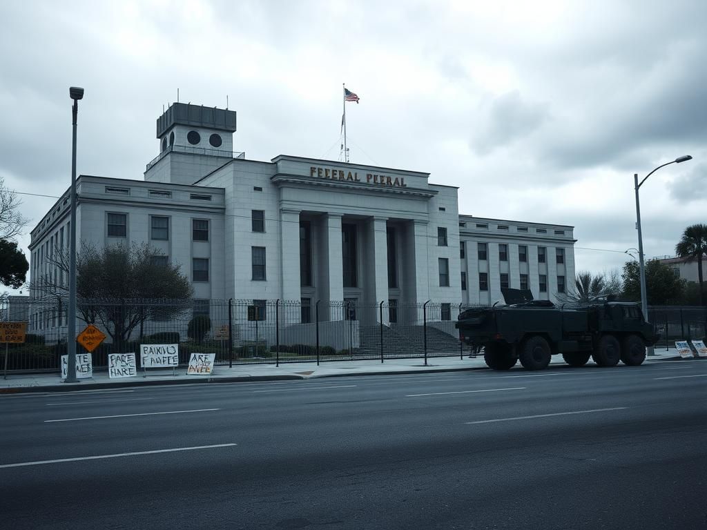 Flick International Exterior of a federal building in Los Angeles under a cloudy sky with security features