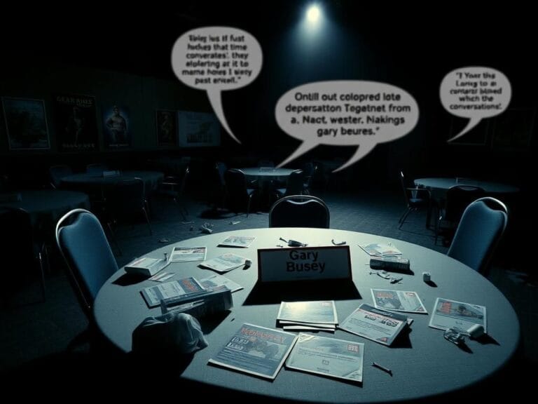 Flick International Dimly lit convention room with empty tables and chairs, featuring Gary Busey's nameplate.