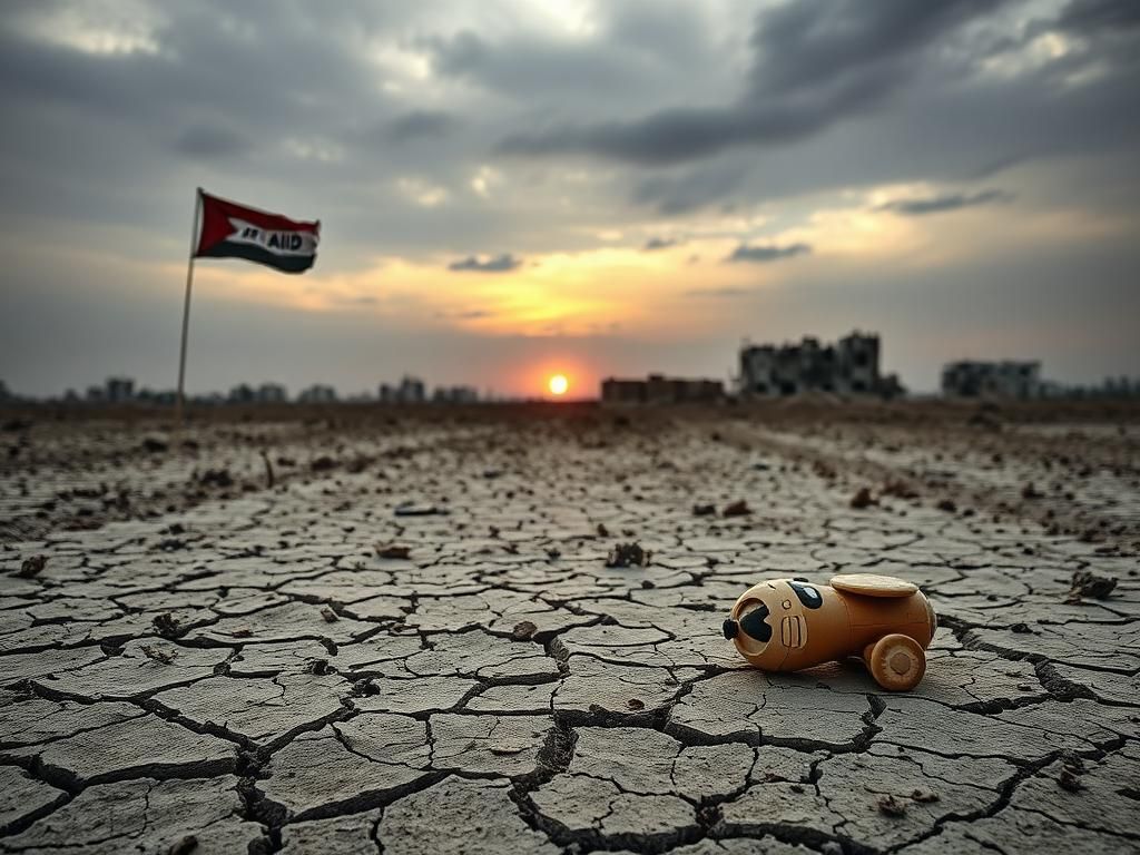 Flick International Abandoned child's toy in a desolate Gaza landscape reflecting the humanitarian crisis