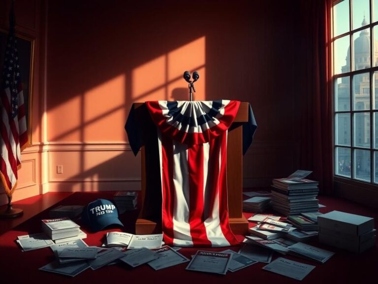 Flick International Empty presidential podium draped in American flag with campaign memorabilia
