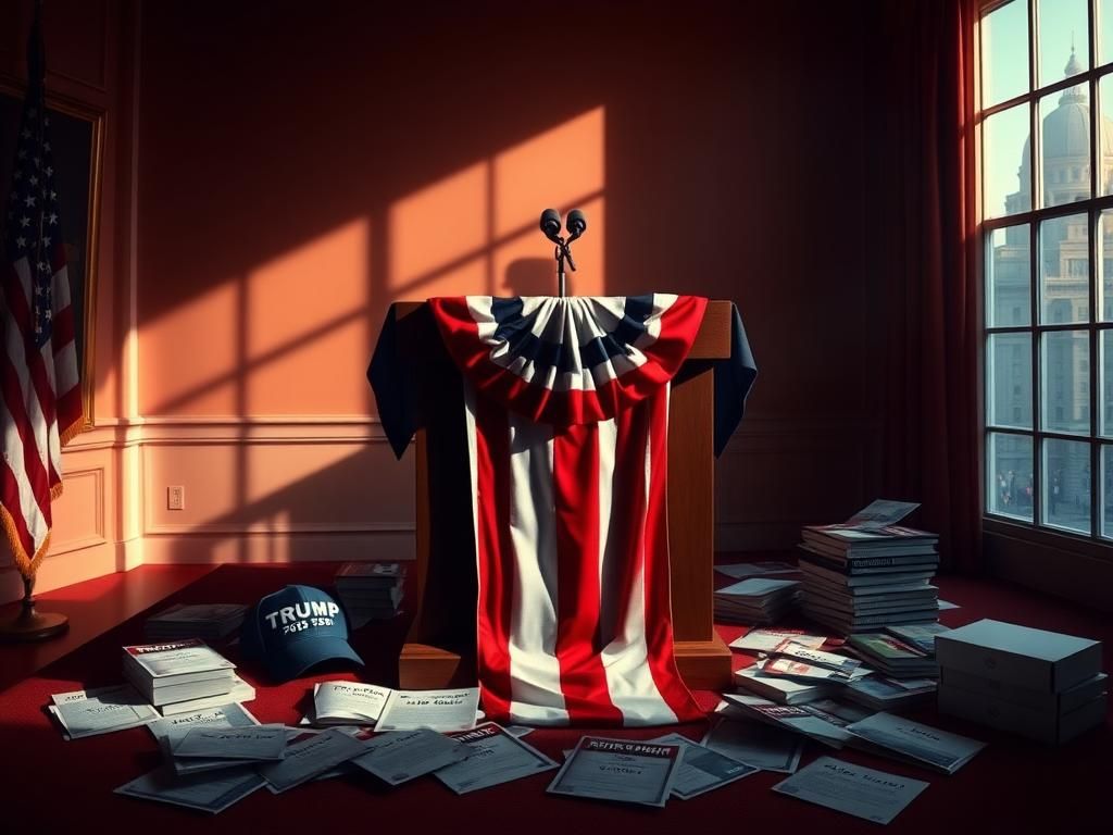 Flick International Empty presidential podium draped in American flag with campaign memorabilia