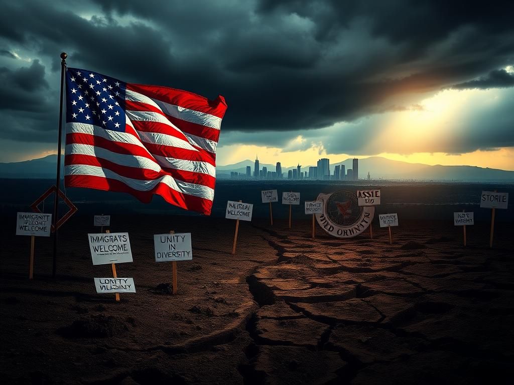 Flick International Abstract representation of patriotism and division in California's immigration debate featuring American flag colors and protest signs