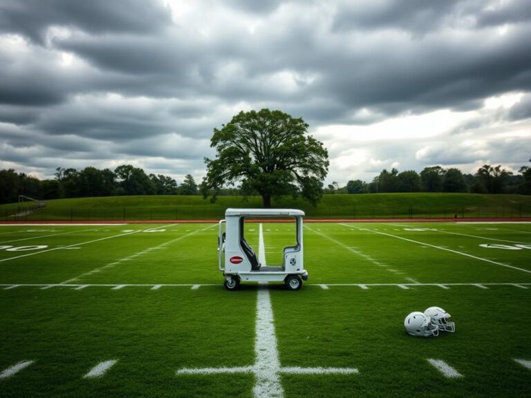 Flick International Medical cart on a training field amidst abandoned football equipment