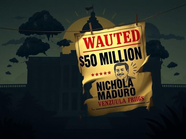 Flick International Dramatic scene depicting a crumbling government palace and a $50 million bounty poster for Nicolás Maduro