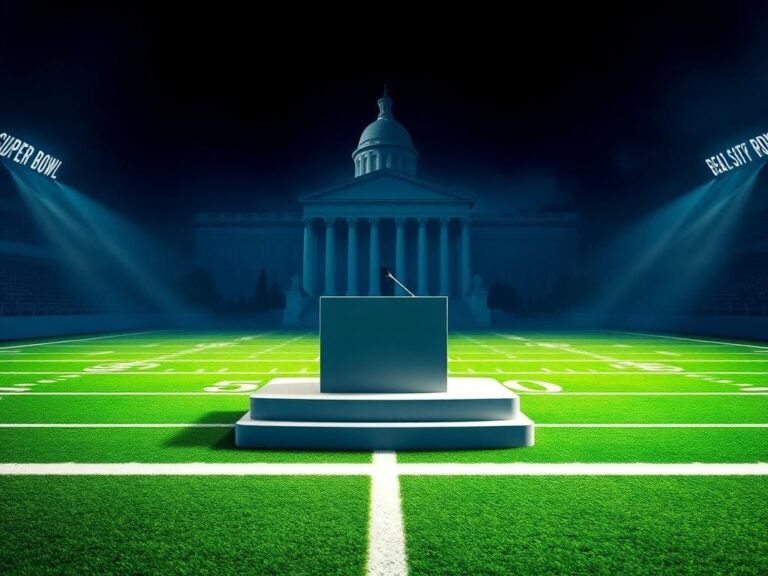 Flick International A vibrant football field with an empty interview podium symbolizing the absence of a Super Bowl interview amidst investigation concerns