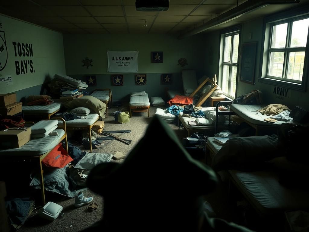 Flick International Chaotic scene in U.S. Army basic training barracks with overturned bunk beds and personal items reflecting intensity.