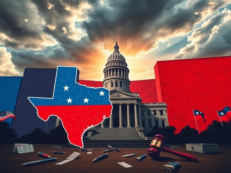 Flick International A dramatic depiction of the Texas State Capitol building with political symbols and a map illustrating Texas districts