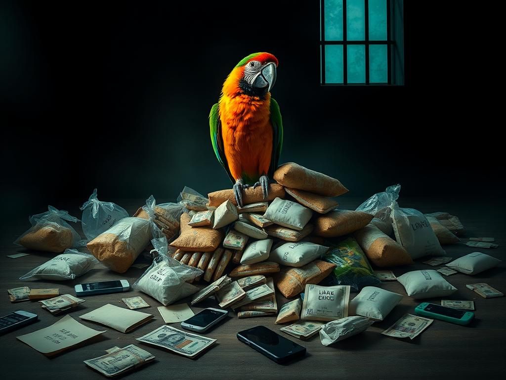 Flick International Colorful parrot surrounded by drug trafficking evidence in a prison-like setting