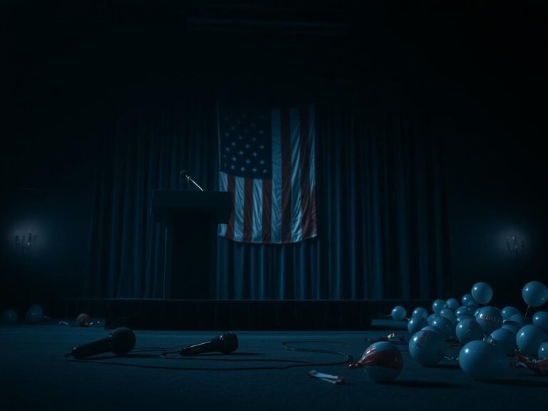 Flick International A dimly lit political scene with an empty podium and fallen microphone symbolizing abandonment and disillusionment in the Democratic party.