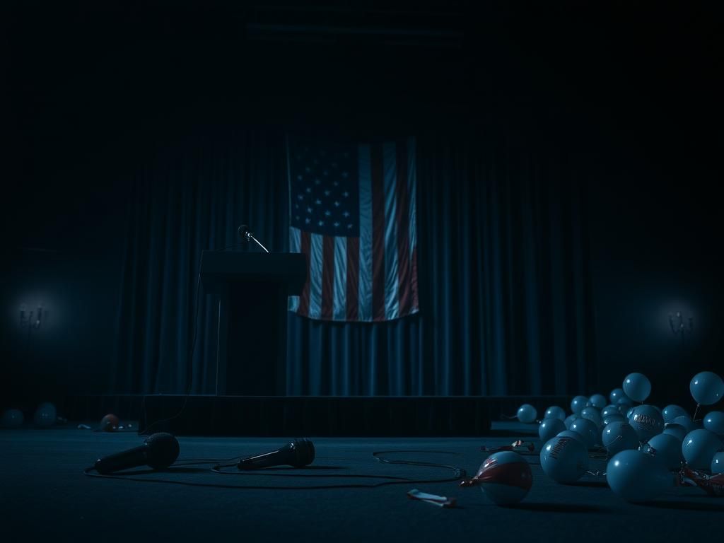 Flick International A dimly lit political scene with an empty podium and fallen microphone symbolizing abandonment and disillusionment in the Democratic party.