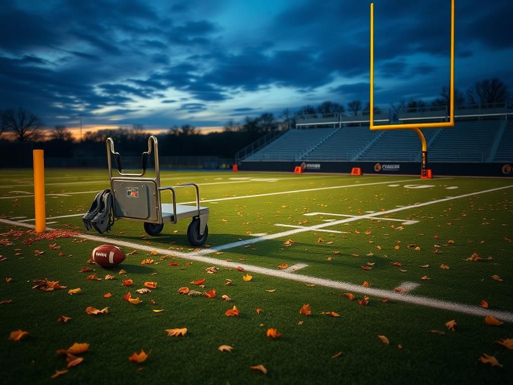 Flick International A somber football practice field at dusk with an empty medical cart and scattered footballs