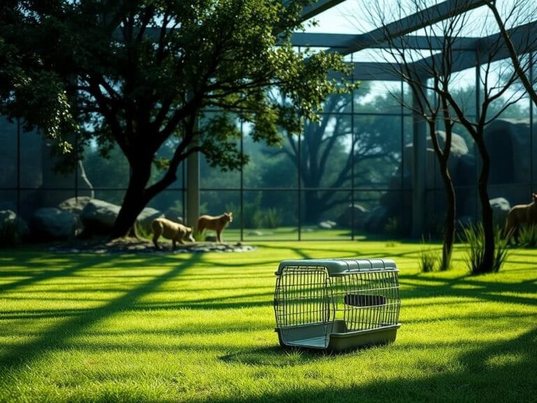 Flick International Large predator enclosure in a modern zoo with a transparent pet carrier in the foreground