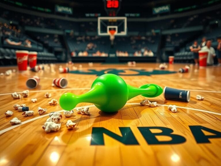 Flick International Vibrant green rubber sex toy on a basketball court amid popcorn and drink cups