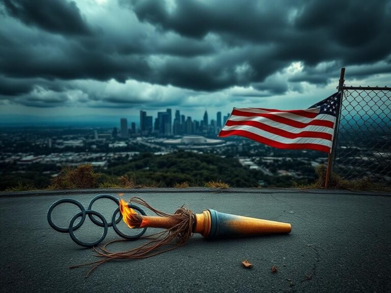 Flick International Aerial view of Los Angeles skyline with storm clouds, featuring a broken Olympic torch on pavement