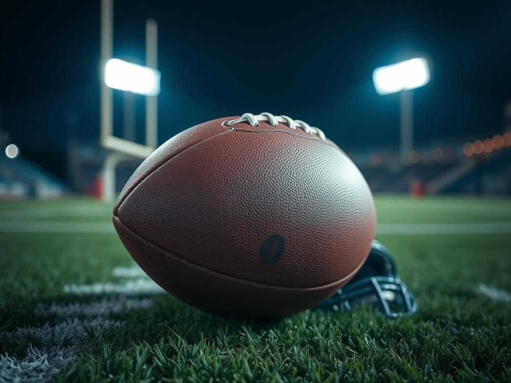 Flick International Close-up of a worn leather football on an empty field under floodlights