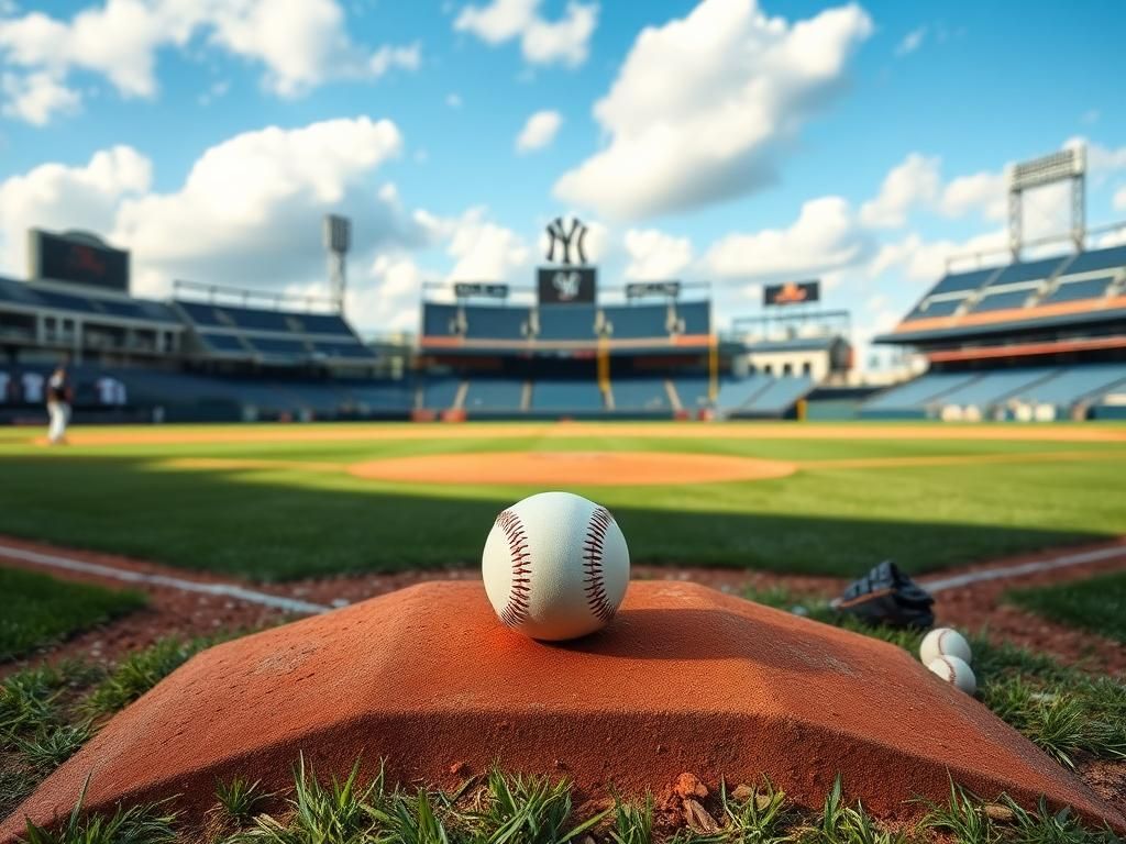Flick International Empty pitcher's mound at Yankees stadium with a worn baseball resting on the rubber