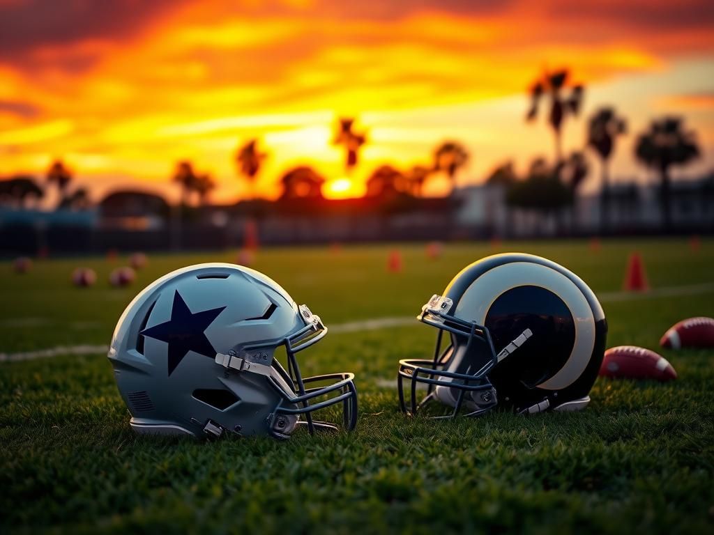 Flick International Large empty Dallas Cowboys football helmet and Los Angeles Rams helmet on a football field at sunset