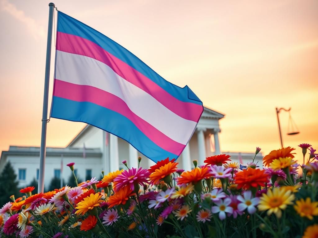 Flick International A vibrant transgender pride flag displayed in front of a modern government building symbolizing advocacy for trans rights.