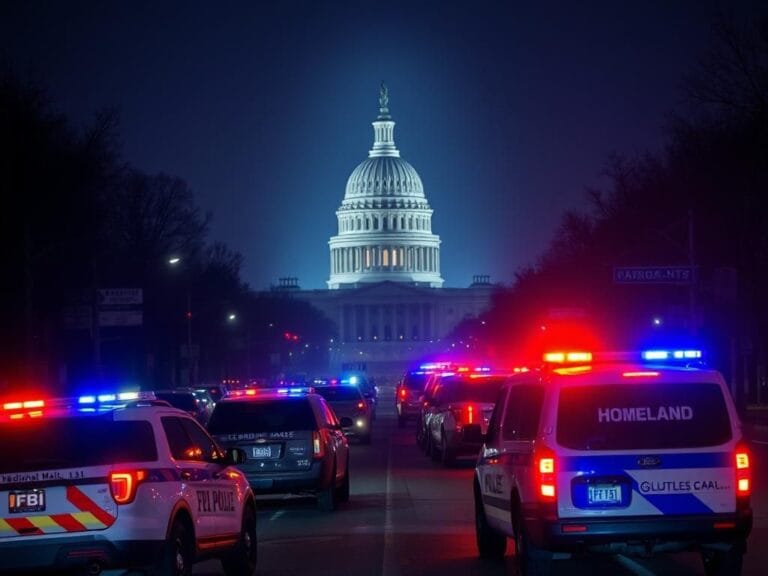 Flick International Nighttime urban scene in Washington, D.C. featuring federal law enforcement vehicles near the U.S. Capitol