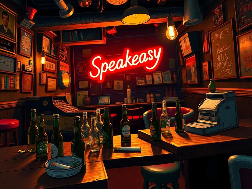 Flick International A cozy speakeasy bar scene filled with vintage decor and warm lighting