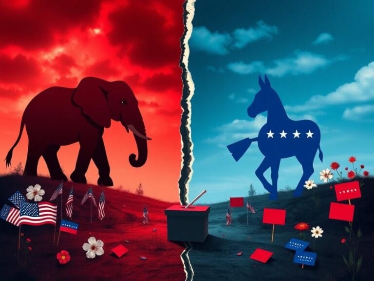 Flick International A split-themed political landscape showcasing division between Republican and Democratic ideologies