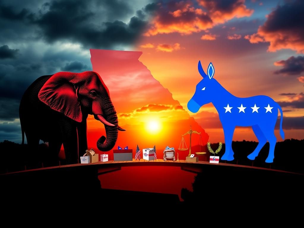 Flick International Split image of Georgia's political landscape depicting Republican and Democratic symbols