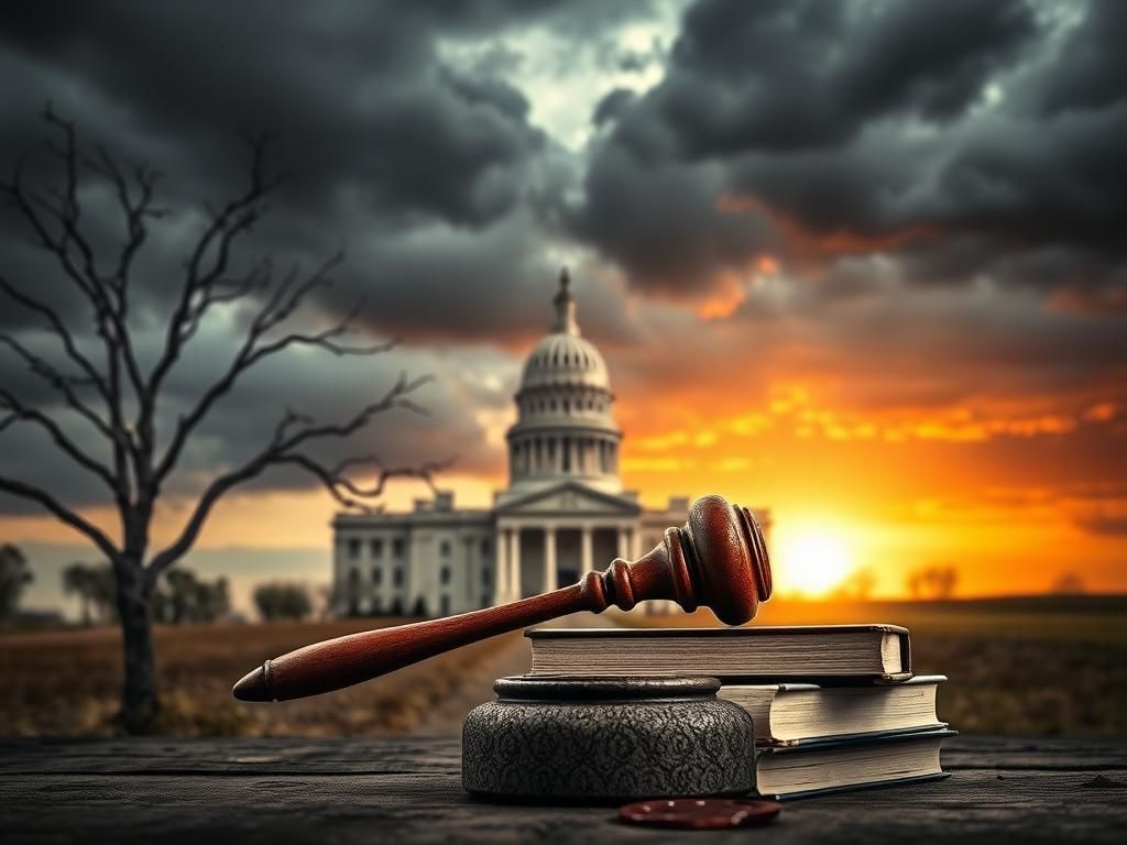 Flick International A weathered gavel on law books with Oklahoma's capitol building in the background, symbolizing judicial decisions on gender transition laws for minors.