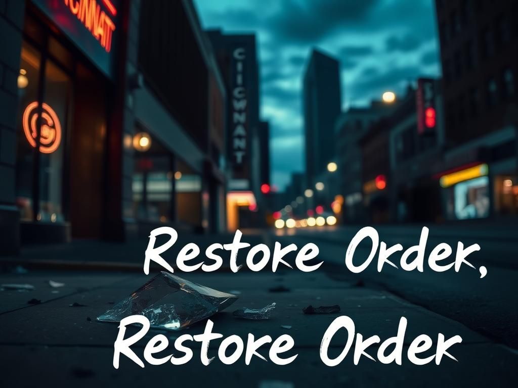 Flick International Dark scene of a deserted street in downtown Cincinnati with shattered storefront window and debris