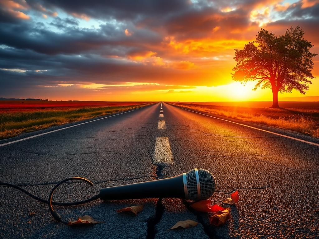 Flick International A somber landscape of a cracked road representing a 'broken system' with an abandoned microphone and a resilient tree