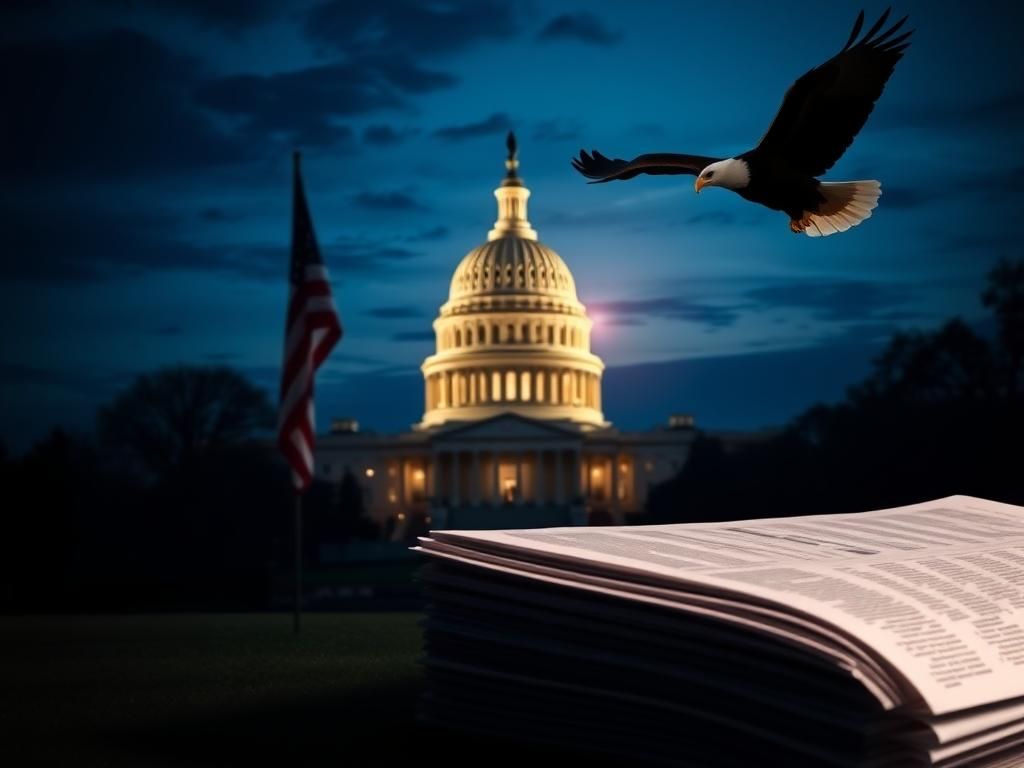 Flick International U.S. Capitol building illuminated at dusk with American flag in foreground