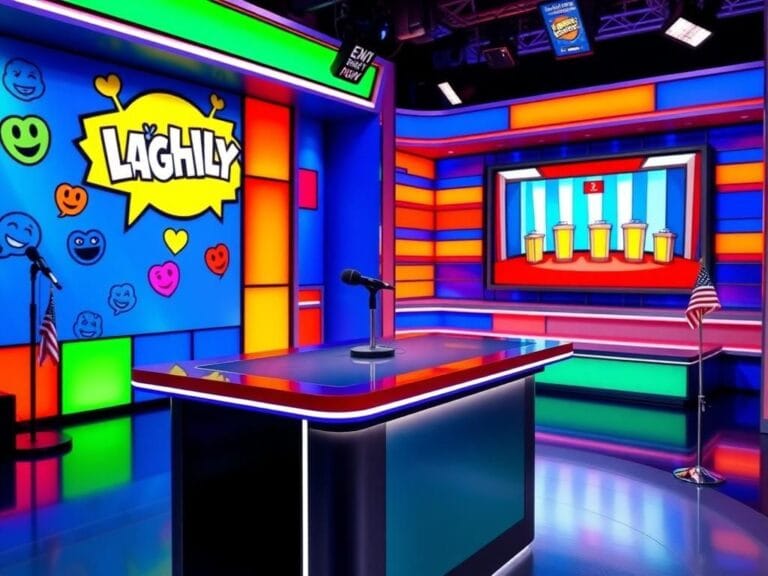 Flick International A vibrant late-night comedy studio set featuring a microphone and colorful graphics